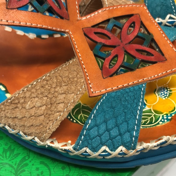 Elite By Corkys Slides Women’s Size 7 Four Points Leather Sandal Turquoise Artsy - Picture 14 of 16